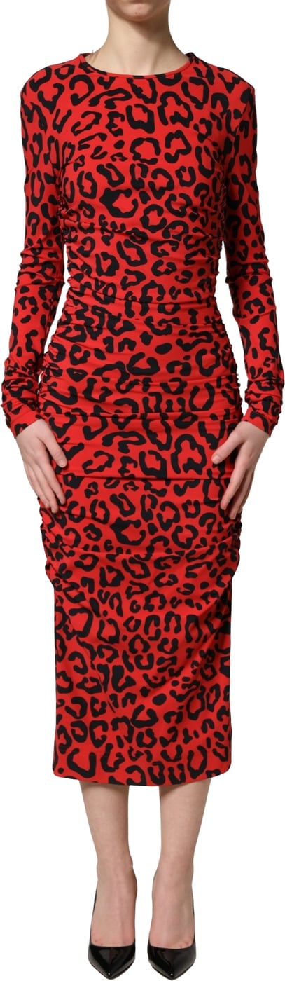 Dolce & Gabbana Red Leopard Print Long Sleeves Midi Dress