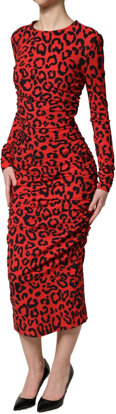 Dolce & Gabbana Red Leopard Print Long Sleeves Midi Dress