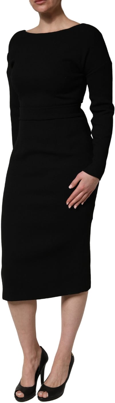 Dolce & Gabbana Black Wool Crepe Long Sleeves Midi Dress
