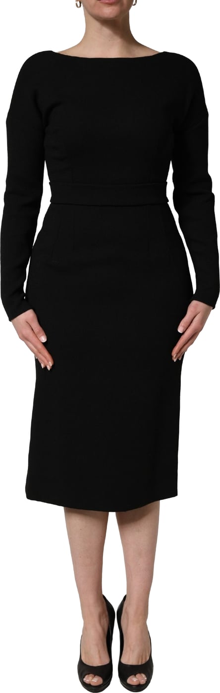 Dolce & Gabbana Black Wool Crepe Long Sleeves Midi Dress