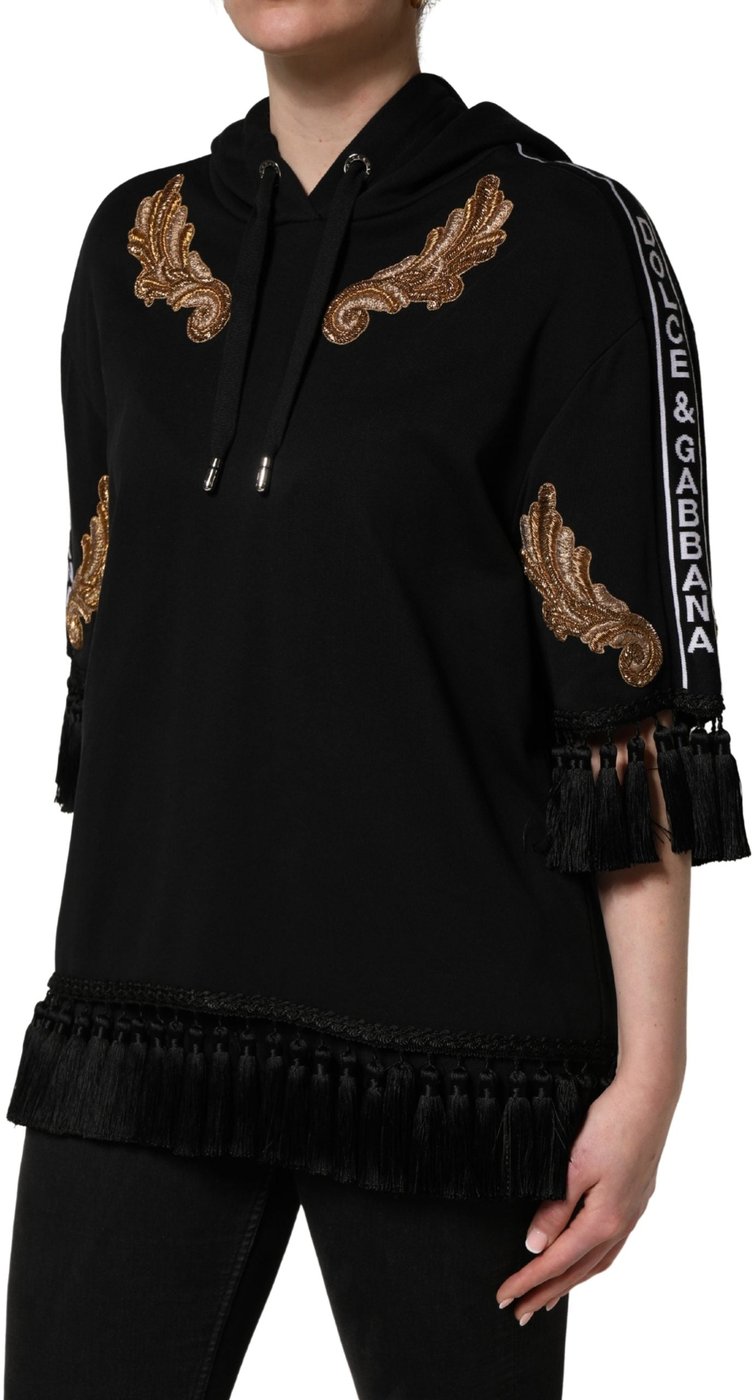 Dolce & Gabbana Black Embroidered Tassel Hooded Sweatshirt Sweater