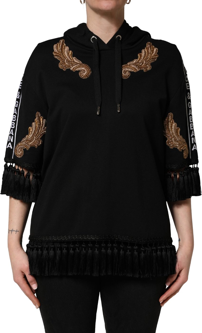 Dolce & Gabbana Black Embroidered Tassel Hooded Sweatshirt Sweater