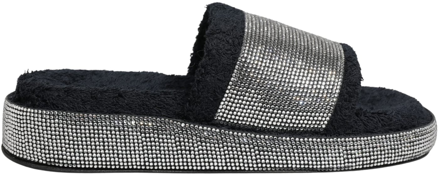 Dolce & Gabbana Black Crystal Embellished Platform Slides Shoes