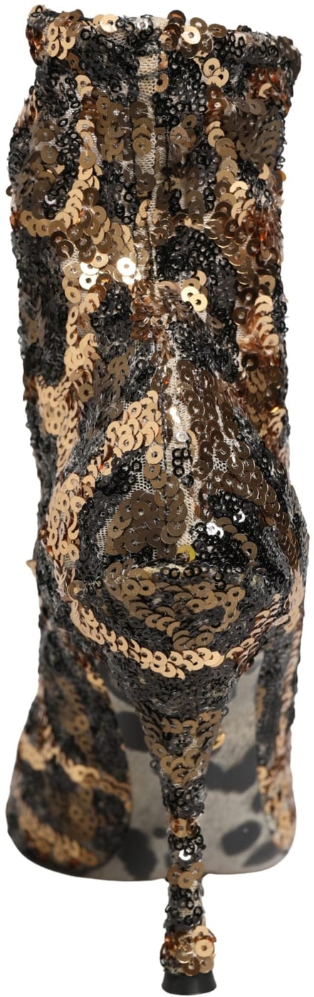 Dolce & Gabbana Gold Leopard Sequin Sock Ankle Boots Shoes