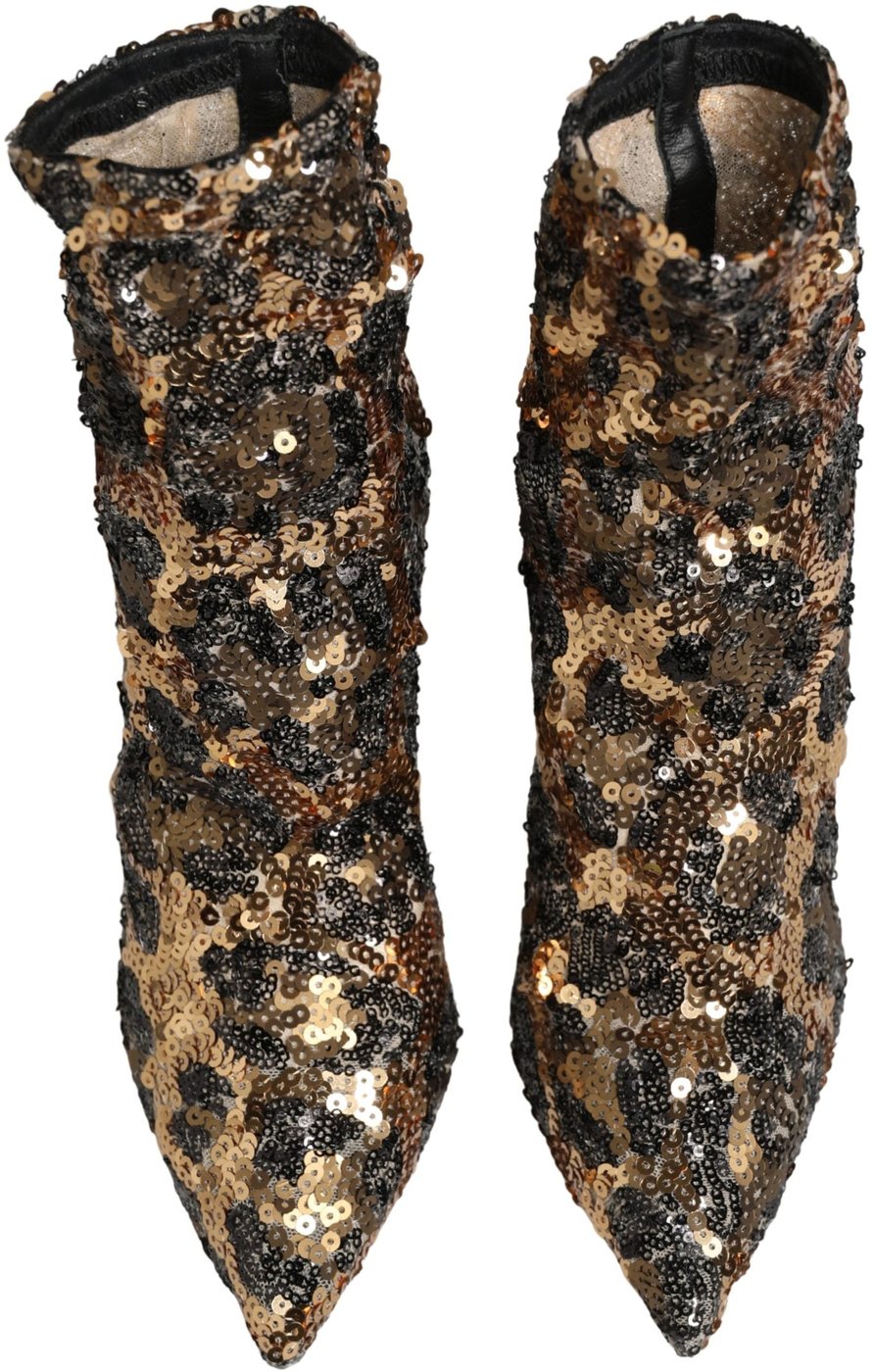 Dolce & Gabbana Gold Leopard Sequin Sock Ankle Boots Shoes