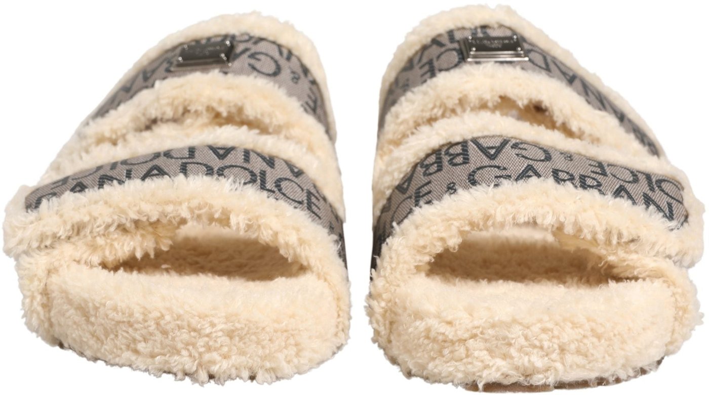 Dolce & Gabbana Beige Faux Fur Logo Print Flats Sandals Shoes