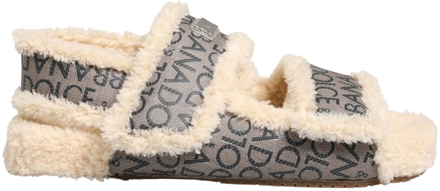 Dolce & Gabbana Beige Faux Fur Logo Print Flats Sandals Shoes