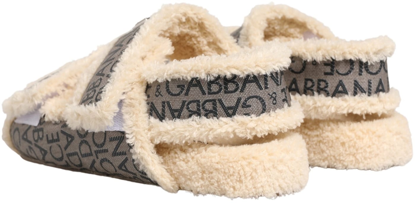 Dolce & Gabbana Beige Faux Fur Logo Print Flats Sandals Shoes