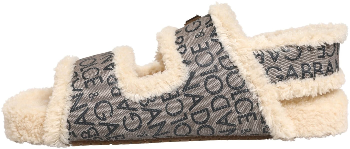 Dolce & Gabbana Beige Faux Fur Logo Print Flats Sandals Shoes