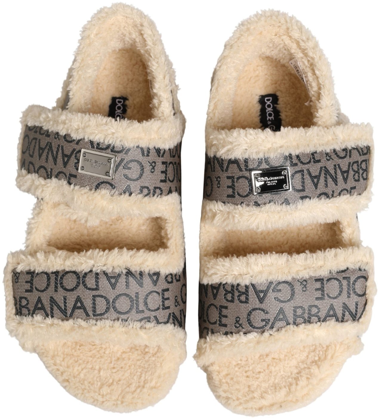 Dolce & Gabbana Beige Faux Fur Logo Print Flats Sandals Shoes
