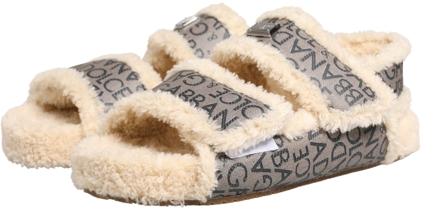 Dolce & Gabbana Beige Faux Fur Logo Print Flats Sandals Shoes