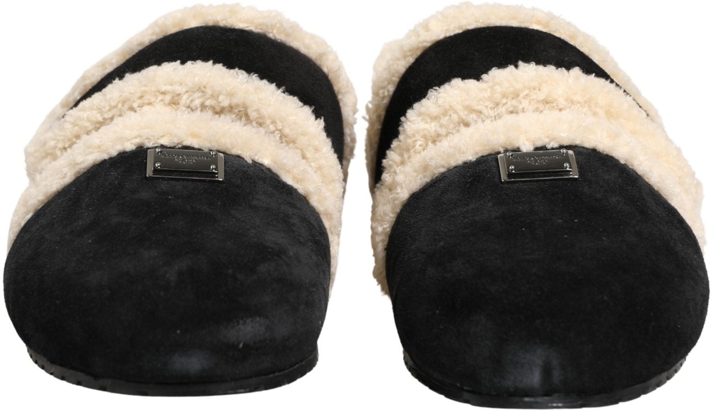 Dolce & Gabbana Beige Black Faux Fur Flats Men Sandals Shoes