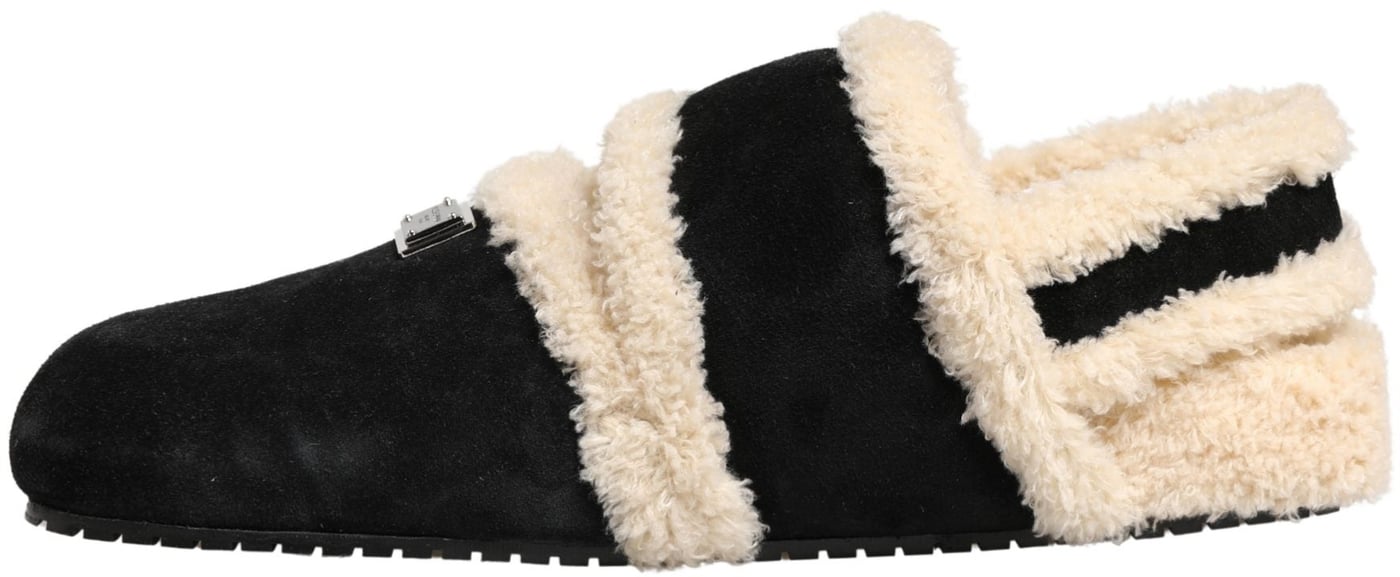 Dolce & Gabbana Beige Black Faux Fur Flats Men Sandals Shoes