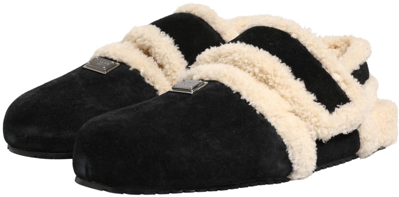 Dolce & Gabbana Beige Black Faux Fur Flats Men Sandals Shoes