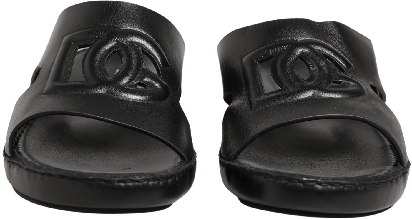 Dolce & Gabbana Black Leather Cutout DG Logo Sandals Shoes