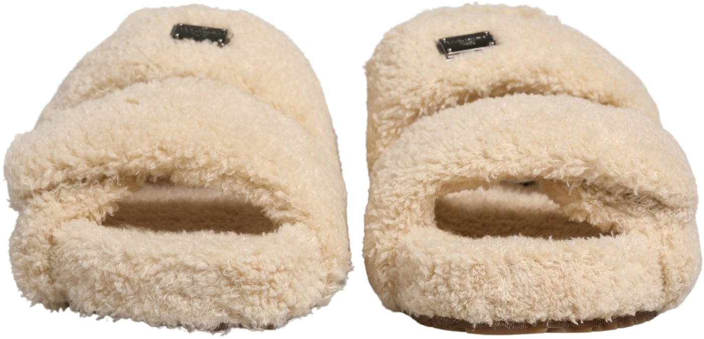 Dolce & Gabbana Beige Faux Fur Slides Men Flats Sandals Shoes