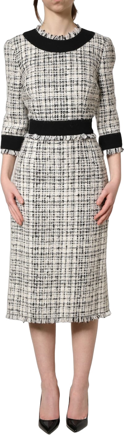 Dolce & Gabbana Black White Tweed Sheath A-line Midi Dress