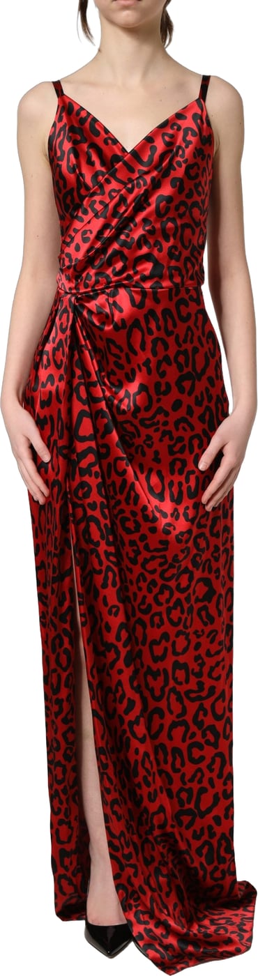 Dolce & Gabbana Red Leopard Draped Sleeveless Maxi Dress