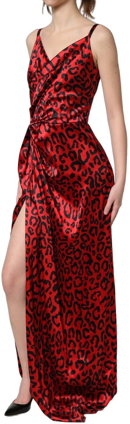 Dolce & Gabbana Red Leopard Draped Sleeveless Maxi Dress
