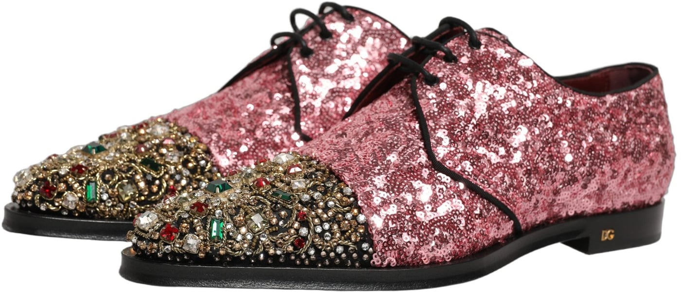 Dolce & Gabbana Pink Sequin Embellished Men Derby Dress Shoes