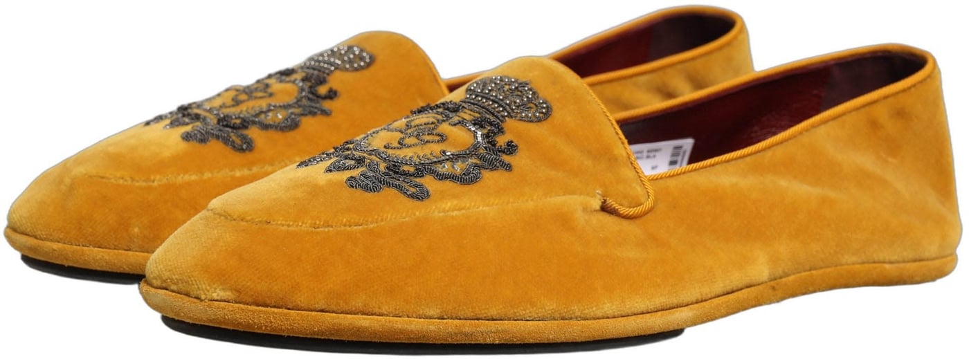 Dolce & Gabbana Yellow Velvet Crown Embroidery Loafers Shoes