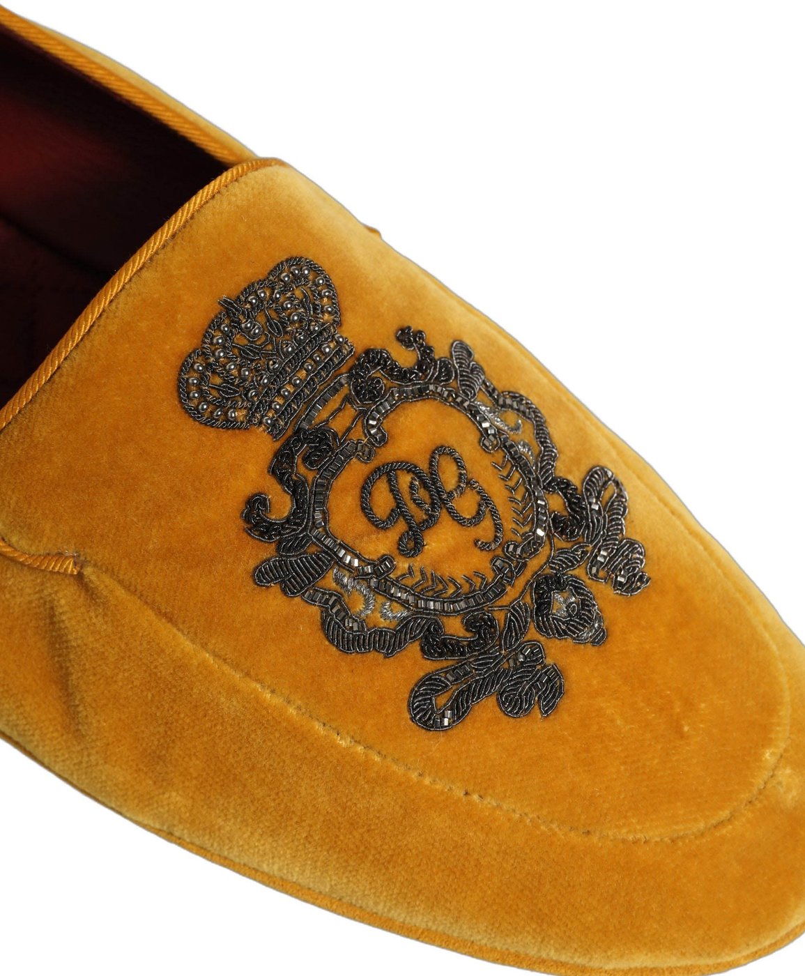 Dolce & Gabbana Yellow Velvet Crown Embroidery Loafers Shoes