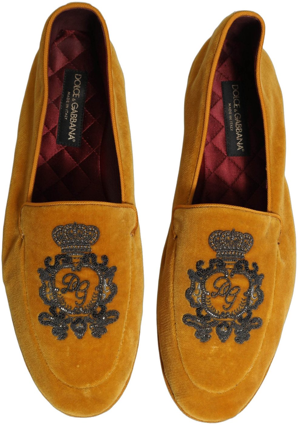 Dolce & Gabbana Yellow Velvet Crown Embroidery Loafers Shoes