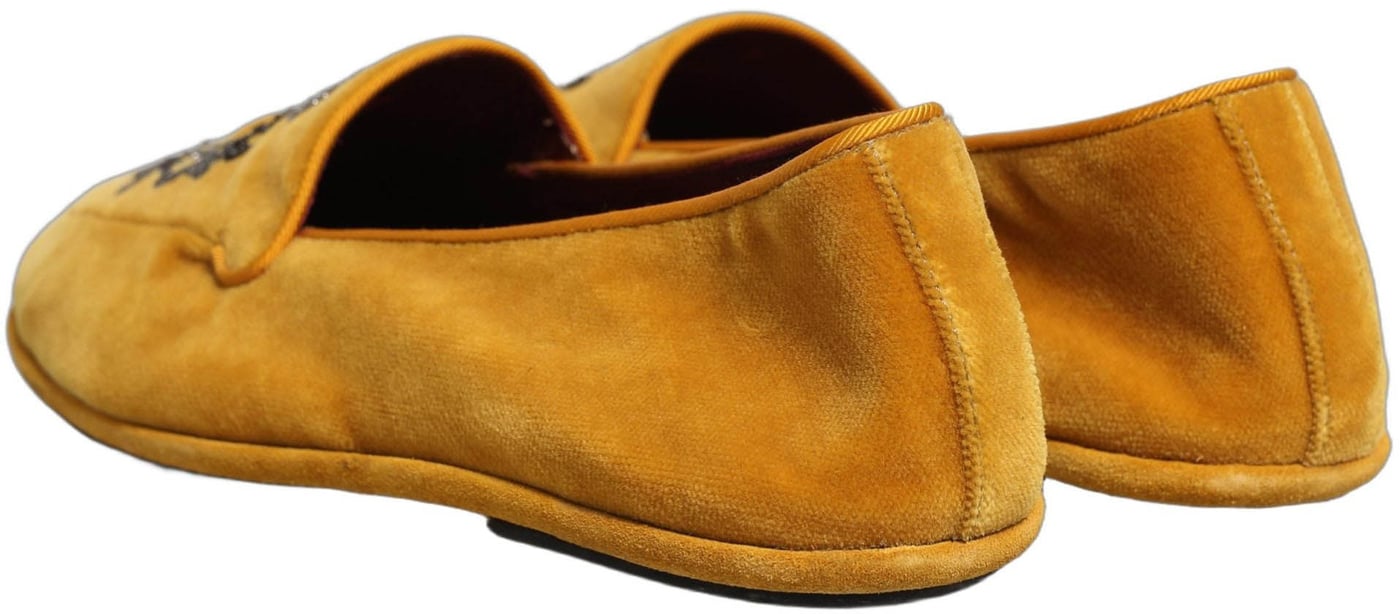 Dolce & Gabbana Yellow Velvet Crown Embroidery Loafers Shoes