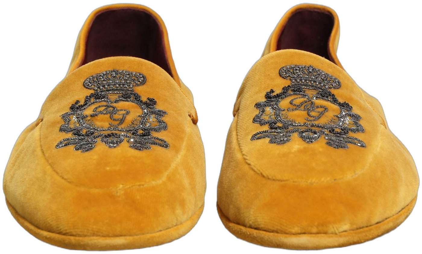 Dolce & Gabbana Yellow Velvet Crown Embroidery Loafers Shoes