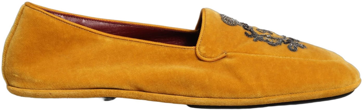 Dolce & Gabbana Yellow Velvet Crown Embroidery Loafers Shoes