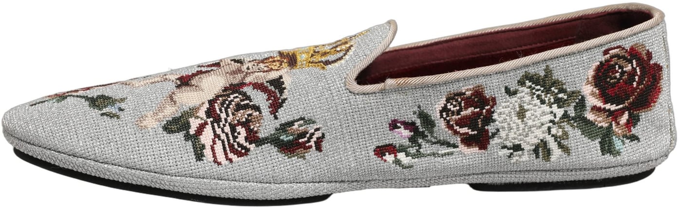 Dolce & Gabbana Gray Crown Rose Angel Embroidery Loafer Shoes