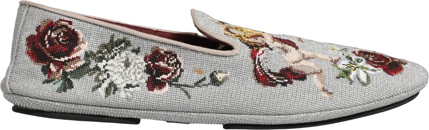 Dolce & Gabbana Gray Crown Rose Angel Embroidery Loafer Shoes