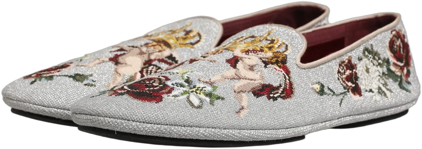 Dolce & Gabbana Gray Crown Rose Angel Embroidery Loafer Shoes