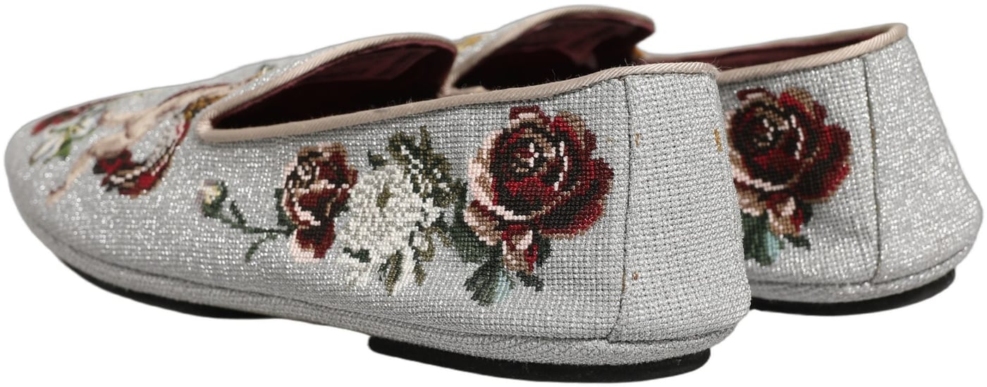 Dolce & Gabbana Gray Crown Rose Angel Embroidery Loafer Shoes