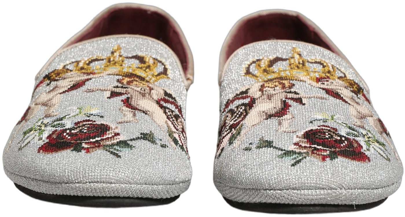 Dolce & Gabbana Gray Crown Rose Angel Embroidery Loafer Shoes