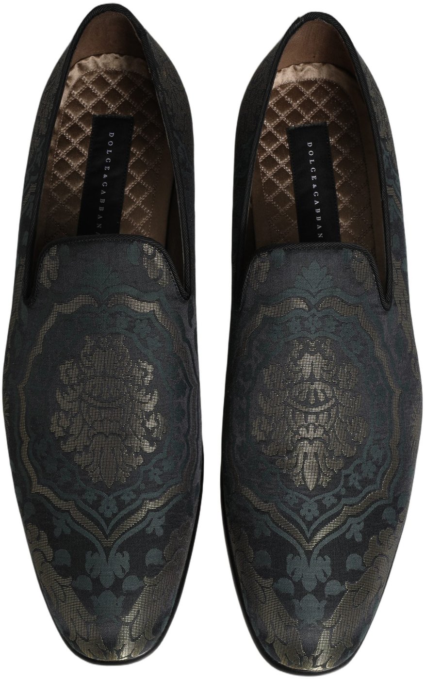 Dolce & Gabbana Black Floral Brocade Slip On Loafers Shoes