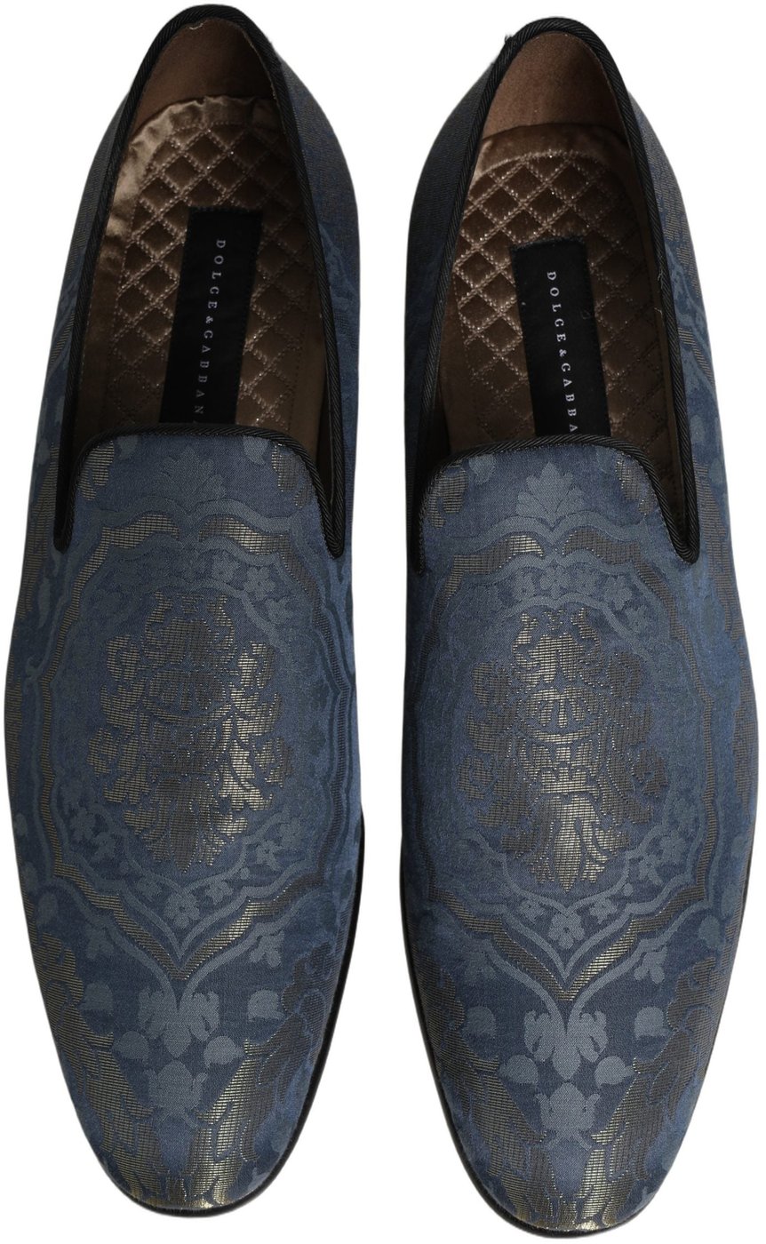 Dolce & Gabbana Blue Floral Brocade Slip On Loafers Shoes