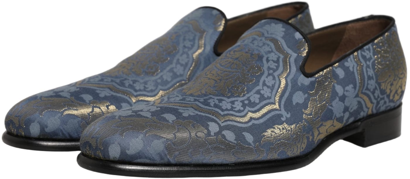 Dolce & Gabbana Blue Floral Brocade Slip On Loafers Shoes