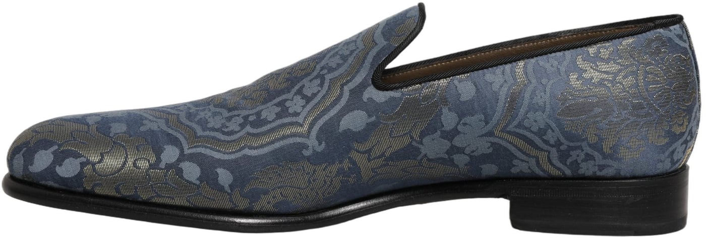 Dolce & Gabbana Blue Floral Brocade Slip On Loafers Shoes