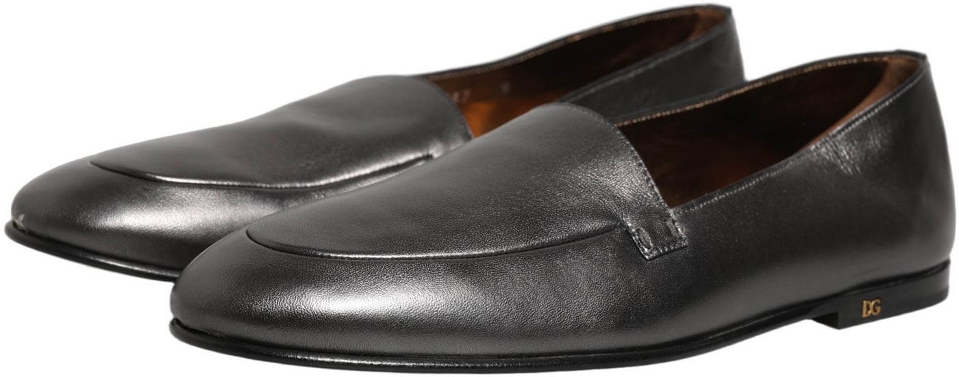 Dolce & Gabbana Silver Leather DG Logo Slip On Loafers Shoes