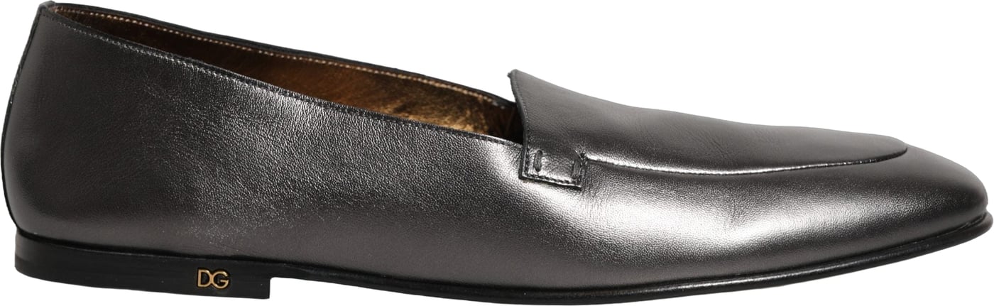 Dolce & Gabbana Silver Leather DG Logo Slip On Loafers Shoes
