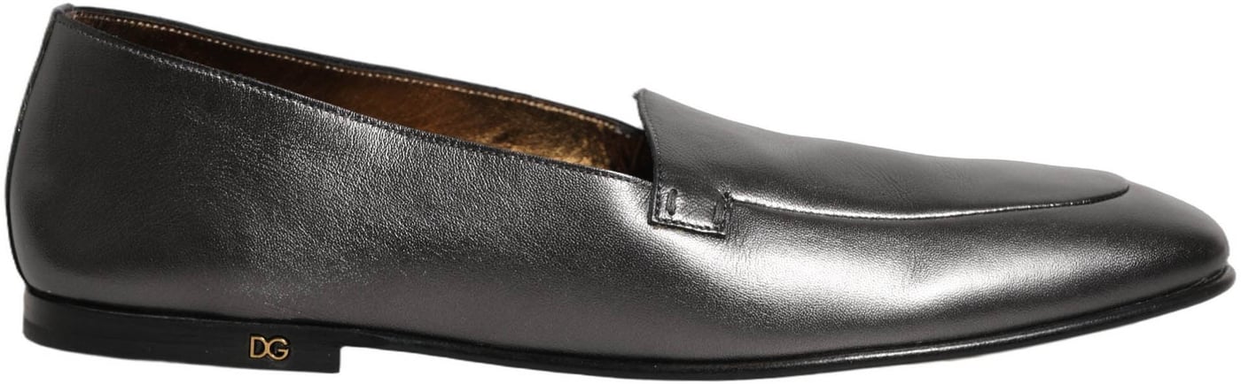 Dolce & Gabbana Silver Leather DG Logo Slip On Loafers Shoes