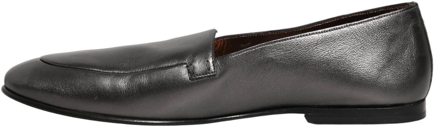 Dolce & Gabbana Silver Leather DG Logo Slip On Loafers Shoes