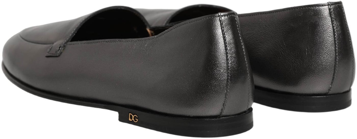 Dolce & Gabbana Silver Leather DG Logo Slip On Loafers Shoes