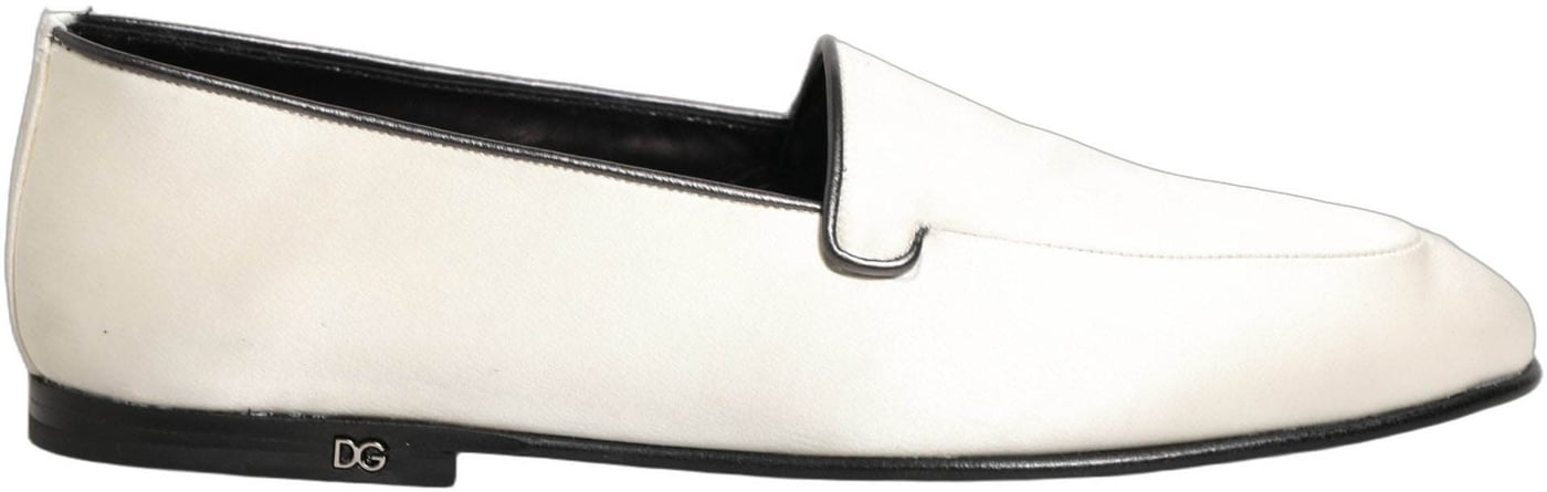 Dolce & Gabbana White Satin Logo Slip On Flats Loafers Shoes