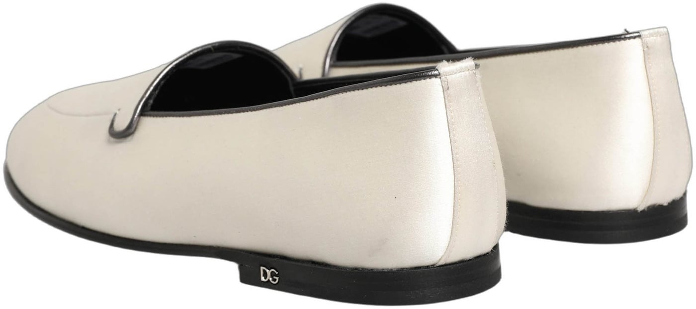 Dolce & Gabbana White Satin Logo Slip On Flats Loafers Shoes