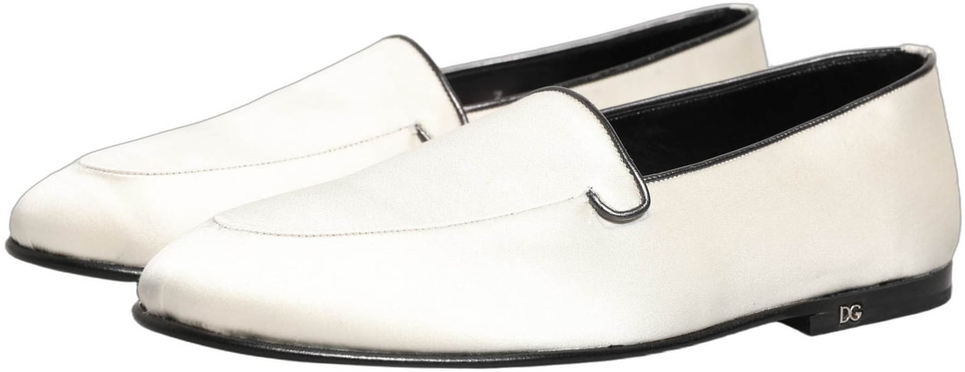 Dolce & Gabbana White Satin Logo Slip On Flats Loafers Shoes