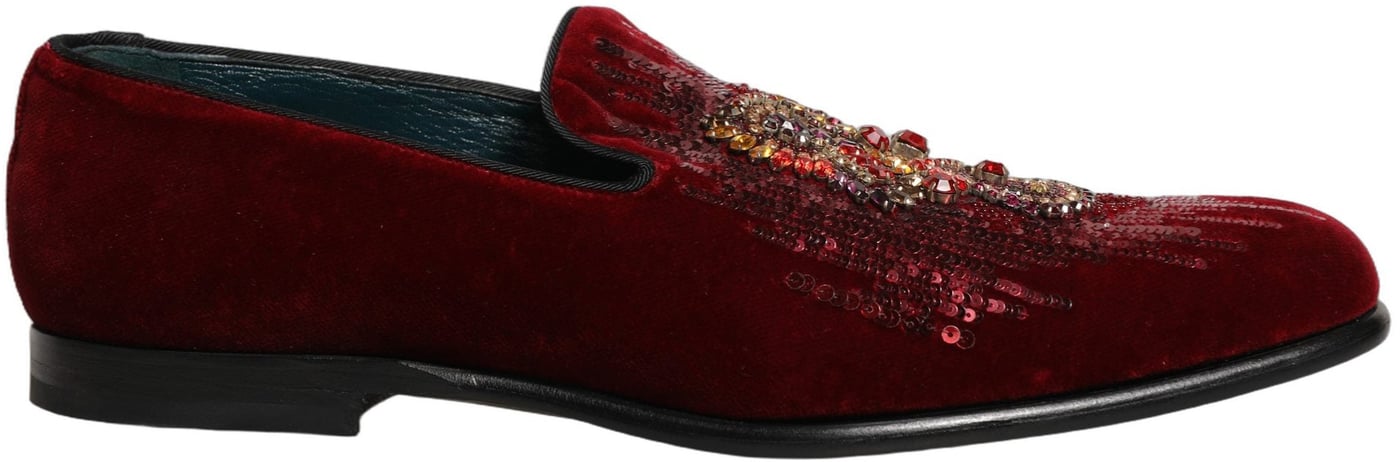 Dolce & Gabbana Maroon Sequin Gemstone Dress Loafers Shoes