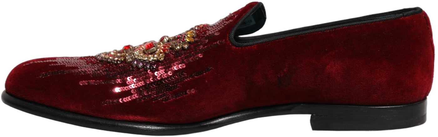 Dolce & Gabbana Maroon Sequin Gemstone Dress Loafers Shoes