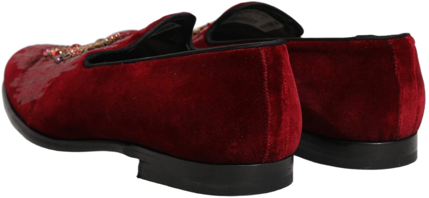 Dolce & Gabbana Maroon Sequin Gemstone Dress Loafers Shoes